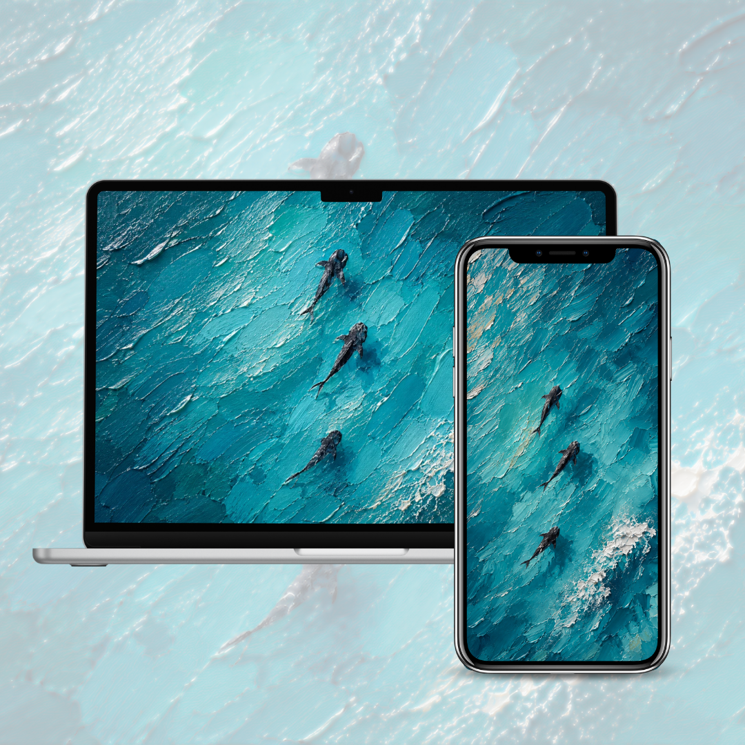 Blue Sharks — Painted Wallpaper (iPhone + Mac, 4K)